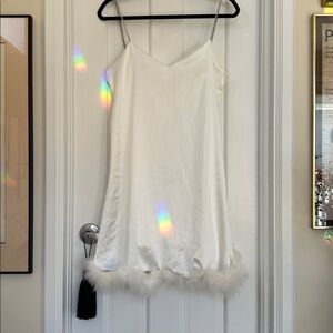 White Feather-Trimmed Slip Dress